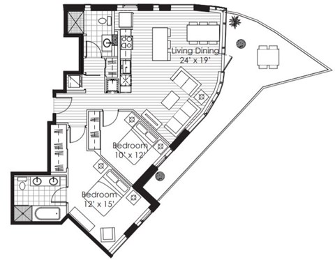 Floor plan for 2 beds, 2 baths, 1114 sqft